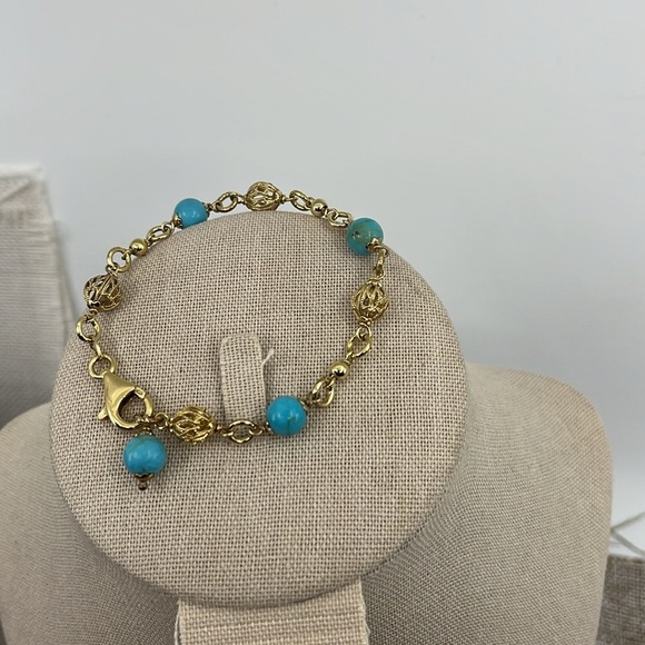 💙 Technibond 18kt Gold & Sterling Silver Turquoise Bracelet - Picture 9 of 13